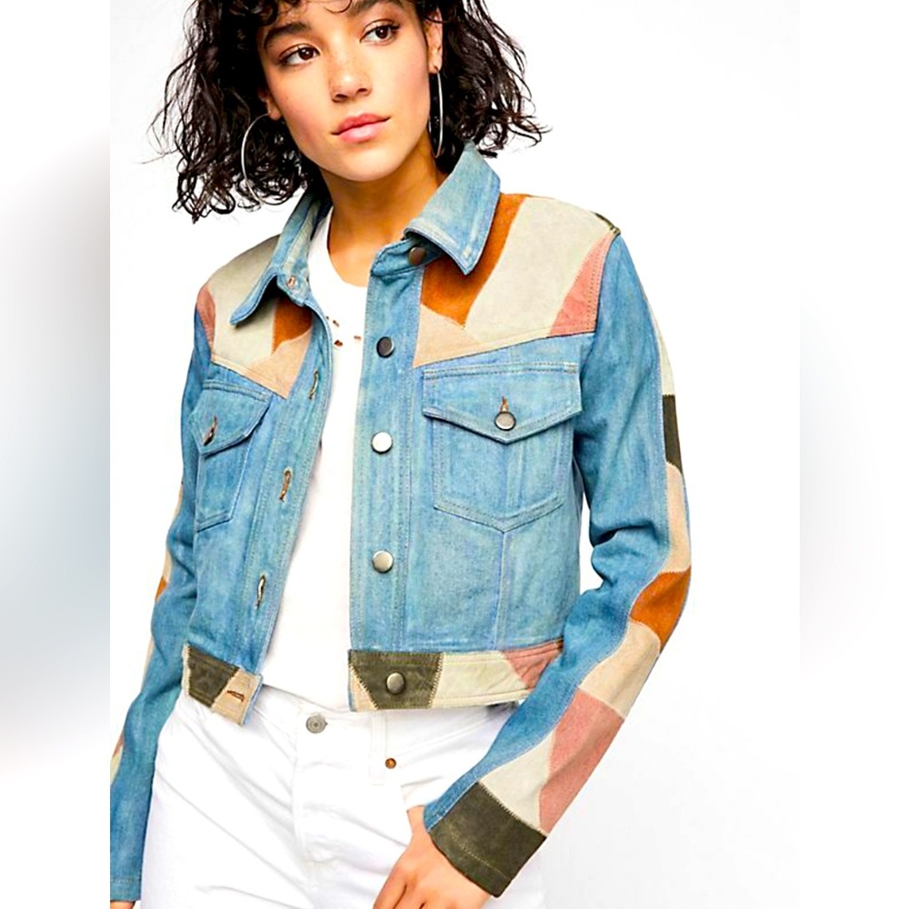 Free People Dallas Suede Denim
Jacket Patchwork Western Button Up Size Large